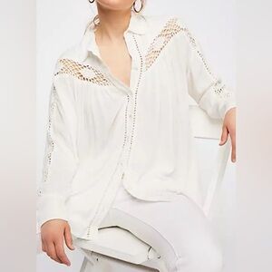 Free People Cream Button Down Shirt with Crochet Details